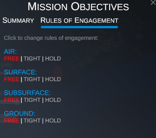 The Rules of engagement tab of the Mission Objectives window