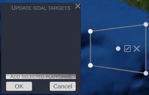 The Update goal targets window beside an editable area on the globe