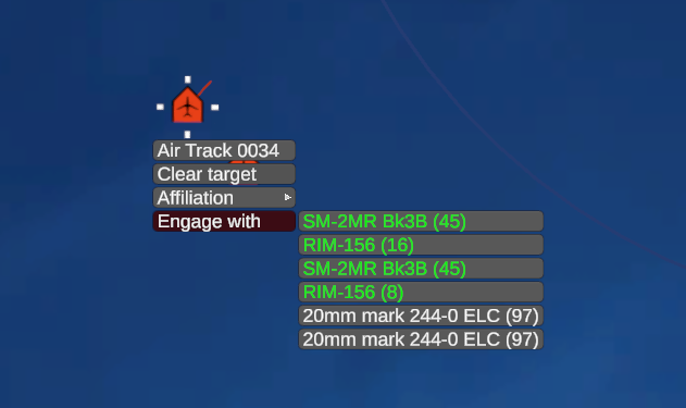 The right-click menu on a hostile track with Engage with open