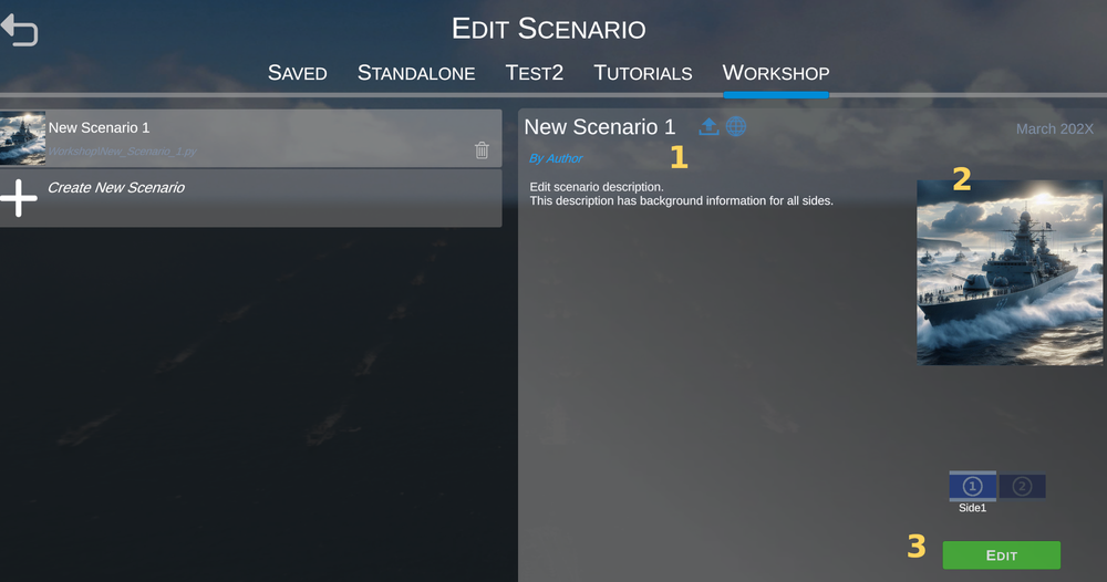 The scenario detail panel with title, author, description, and thumbnail