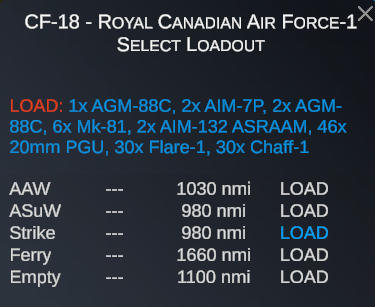 The Select Loadout window listing loadouts with time, radius, and LOAD