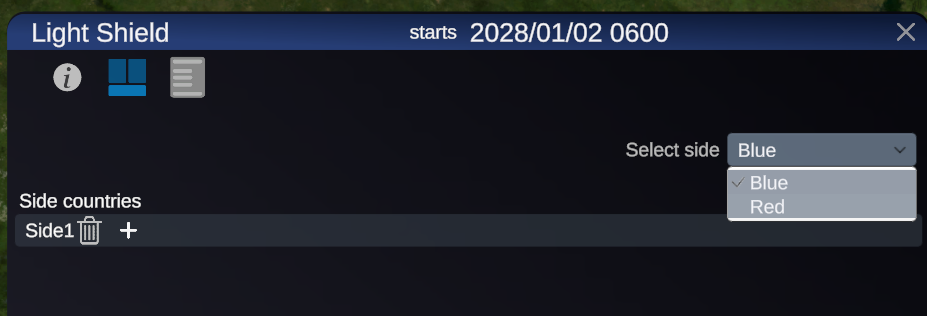 The side page with the Select side dropdown and the side countries list