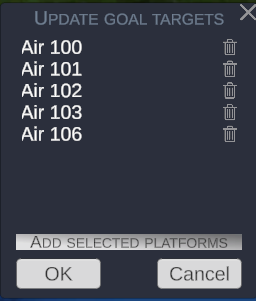 The Update goal targets window listing five units
